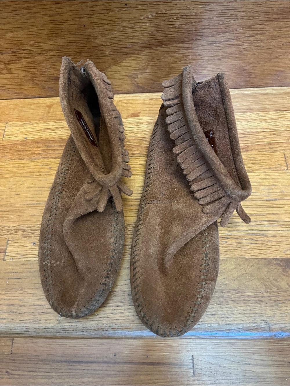 Minnetonka Chestnut Suede Fringe Ankle Moccasins